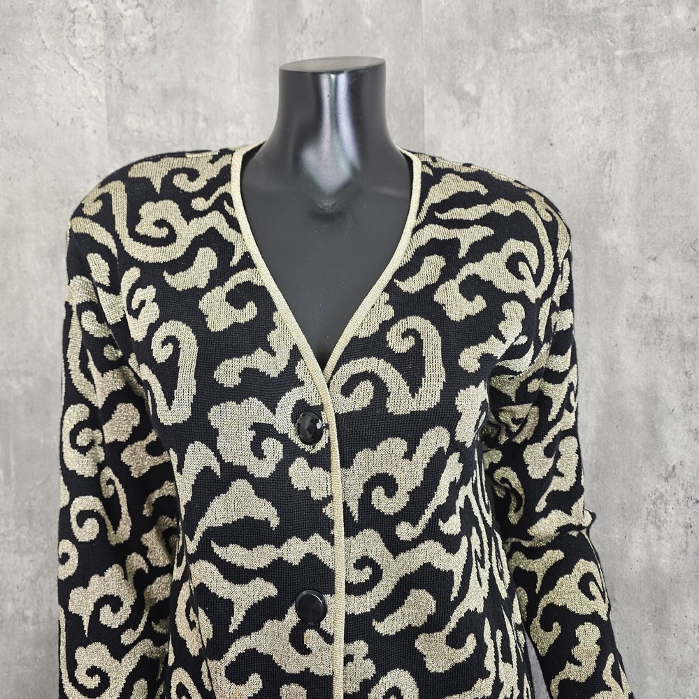 Vintage 80s 90s Tesori Baroque Knit‎ Jacket Gold Black Wool Cardigan XS - Picture 3 of 9